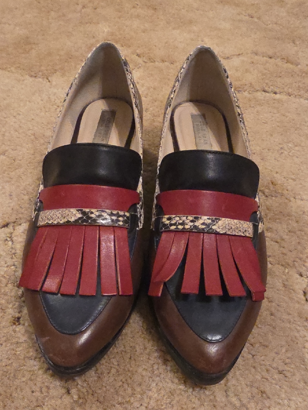 Multi-Color Fringe Loafer Flats - Black/Brown/Red